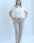 Tan tencel pants with elastic waist for women from Favored and Common online boutique