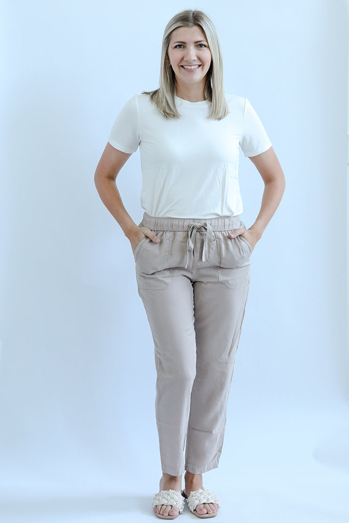 Tan tencel pants with elastic waist for women from Favored and Common online boutique