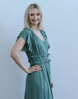 Teal green ruffled satin midi dress for women from Favorite Daughters