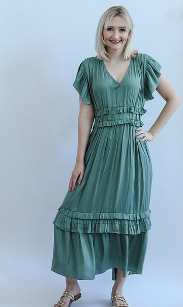 Teal green satin midi dress with flutter sleeves from Favored and Common in NC