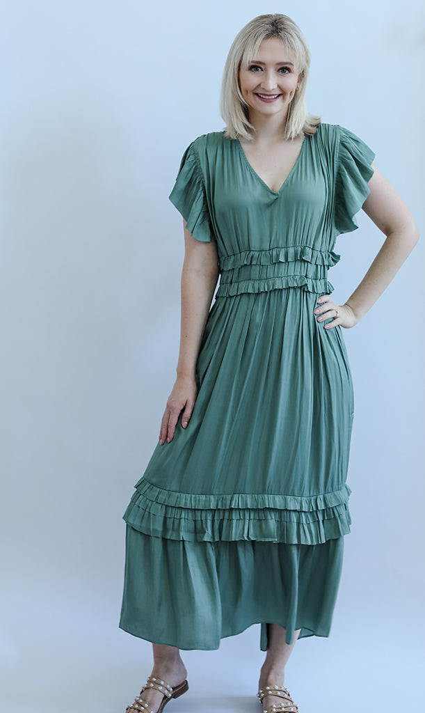 Teal green satin midi dress with flutter sleeves from Favorite Daughters in NC