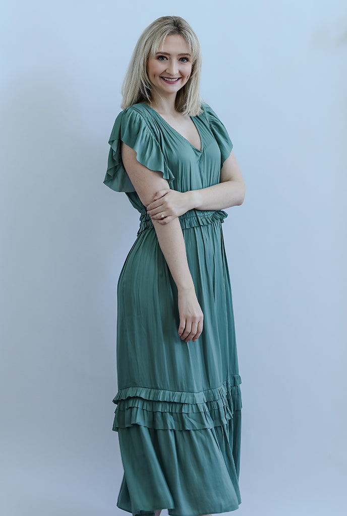 Teal green satin v-neck midi dress from Favorite Daughters in NC