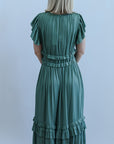 Teal ruffled satin midi dress for women from Favored and Common in NC