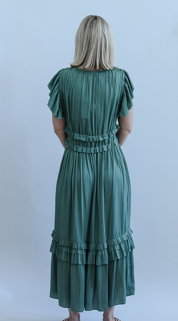 Teal ruffled satin midi dress for women from Favorite Daughters in NC