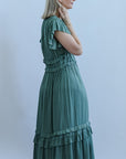 Teal satin midi dress with flutter sleeves from Favored and Common