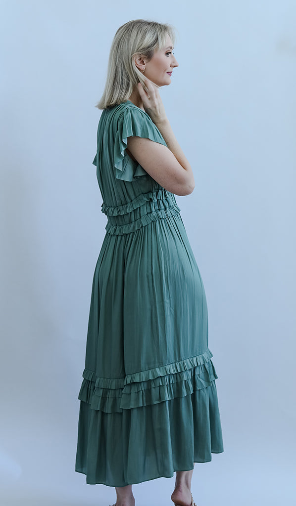 Teal satin midi dress with flutter sleeves from Favored and Common