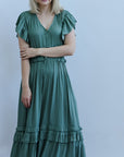 Teal satin ruffled midi dress for women from Favored and Common in NC