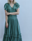 Teal satin ruffled midi dress for women from Favorite Daughters in NC