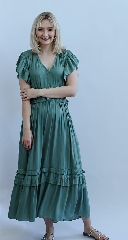 Teal satin ruffled midi dress for women from Favorite Daughters in NC