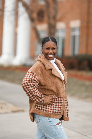 Teddy and houndstooth jacket with snap buttons from Favored and Common