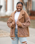 Brown teddy jacket with collar and houndstooth print from Favored and Common