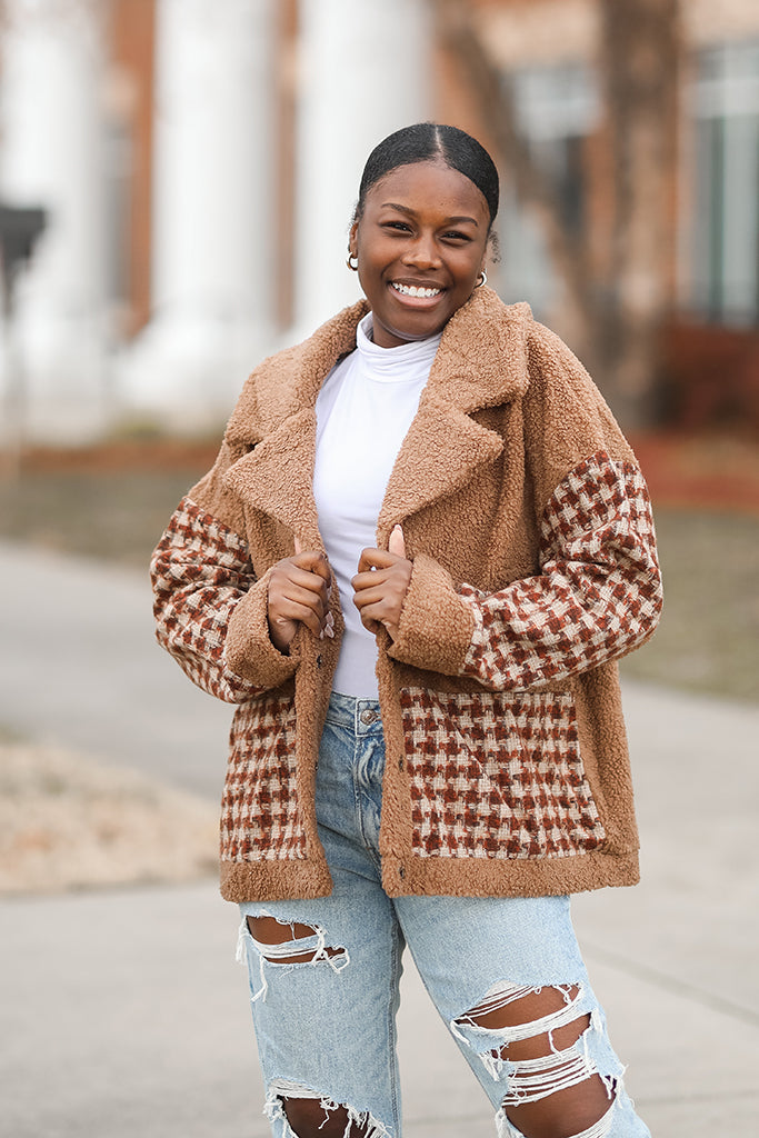 Brown teddy jacket with collar and houndstooth print from Favored and Common