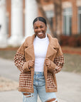 Brown teddy jacket with houndstooth pattern from Favored and Common in NC