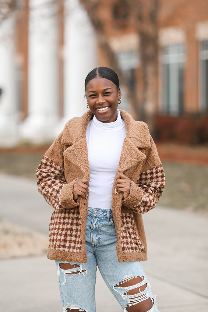 Brown teddy jacket with houndstooth pattern from Favored and Common in NC