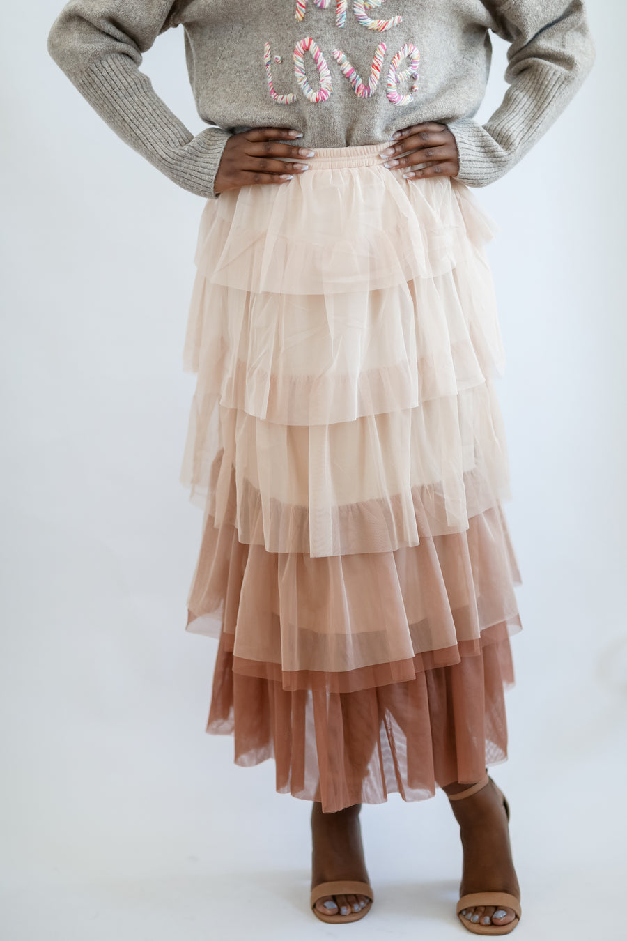 Tiered mocha mesh midi skirt from Favored And Common in NC