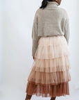 Tiered ombre brown mesh midi skirt for women from Favored And Common