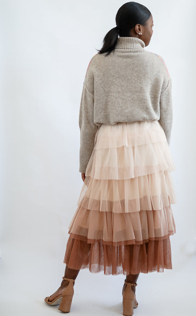 Tiered ombre brown mesh midi skirt for women from Favored And Common