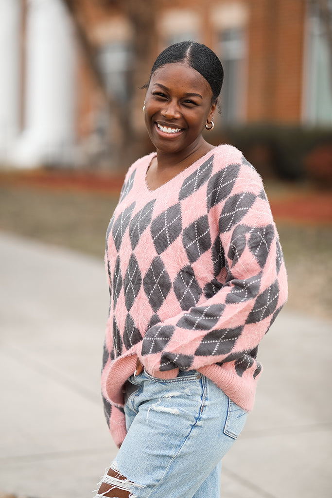 V-neck pink Valentine's Day fuzzy argyle sweater from Favored and Common