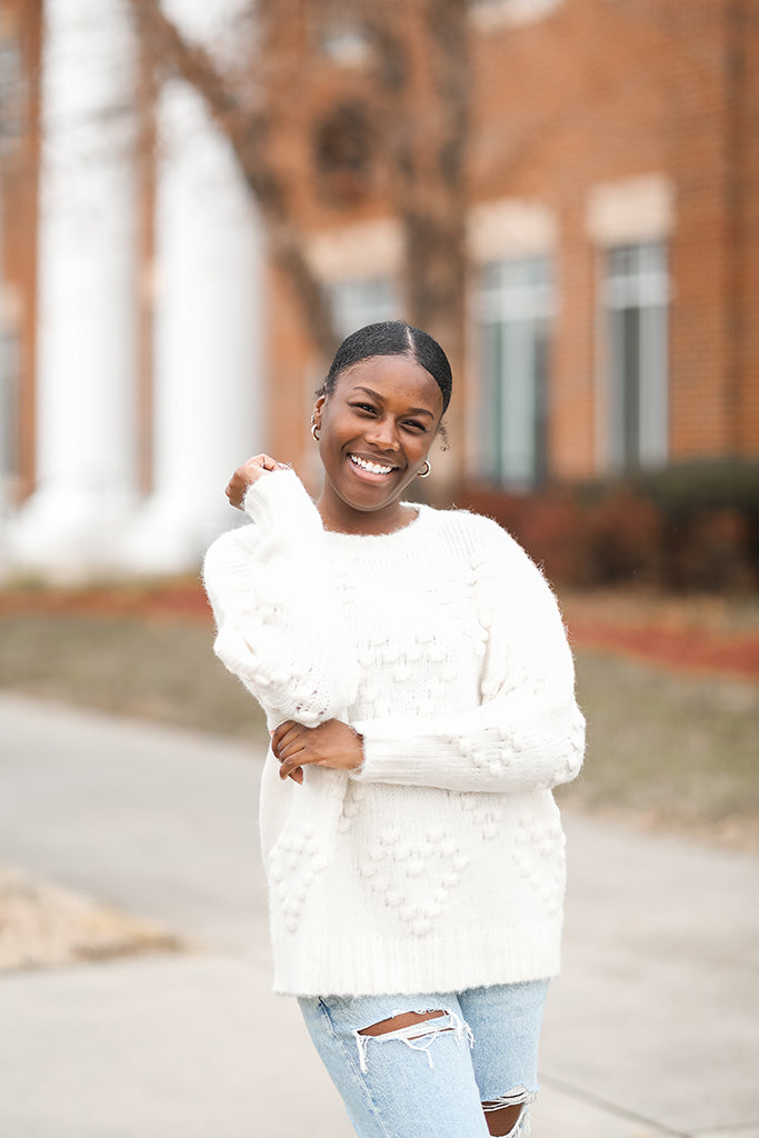 White pom pom heart sweater from Favored And Common