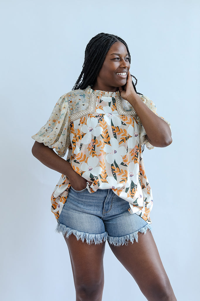 Yellow flowy floral blouse for women from Favored And Common