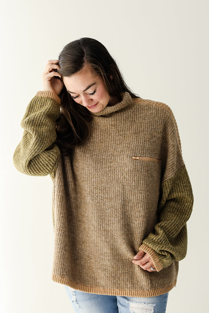 Olive green and brown color block mock neck sweater from Favored And Common in NC