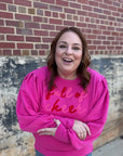 Pink full of cheer crew neck sweatshirt try on video from Favored And Common in NC