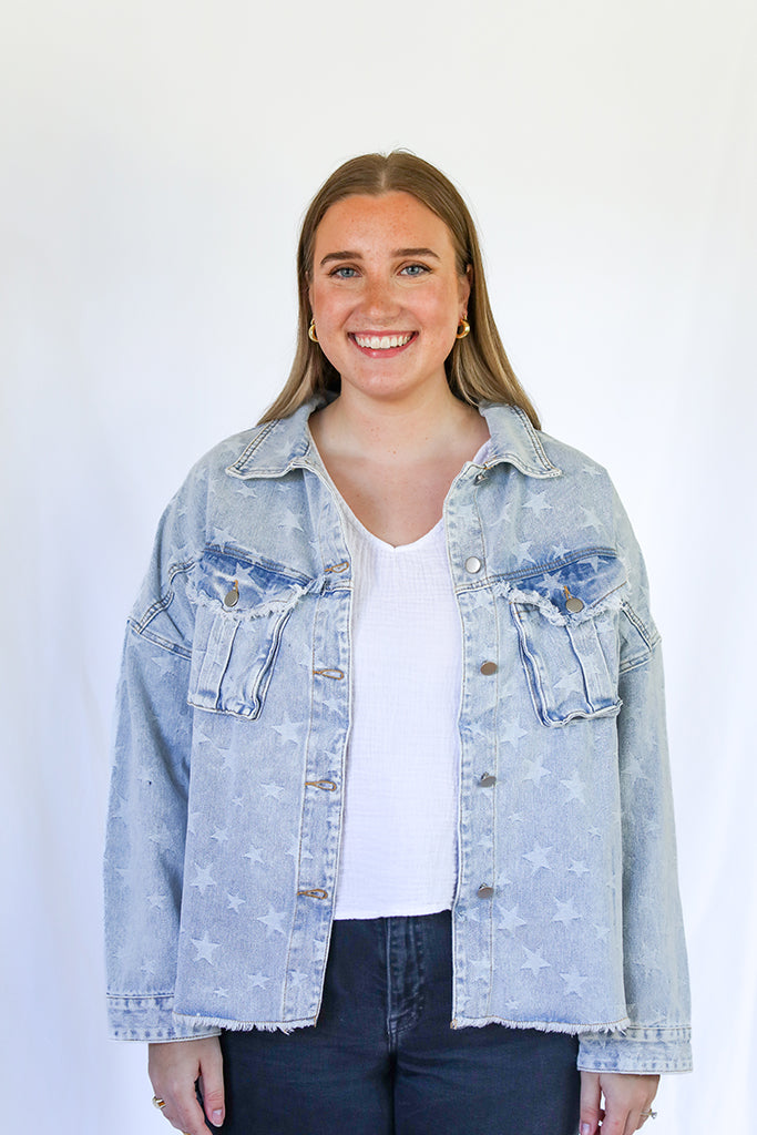 Star print fringed denim jacket from Favored and Common in NC