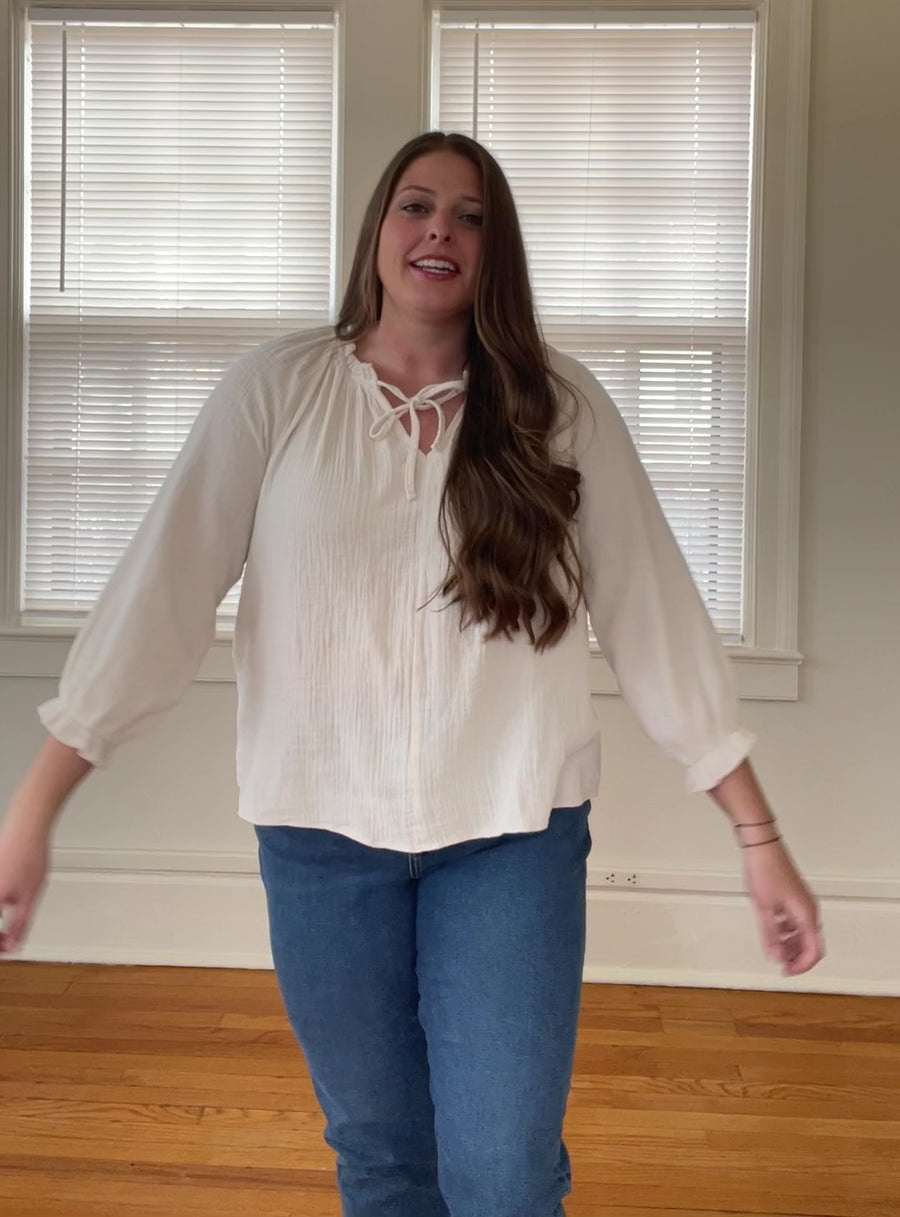 Cream linen blouse from Favored and Common in NC