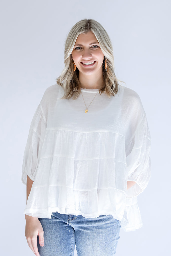 White flowy tiered blouse for women from Favored And Common in NC