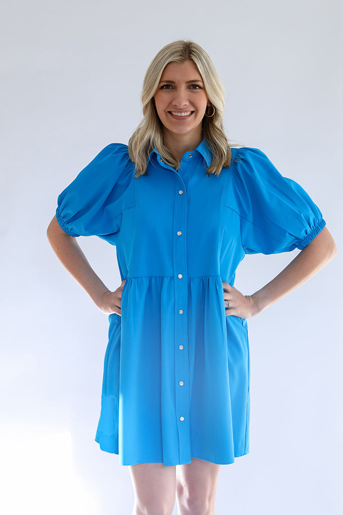 Blue dress with bubble sleeves from Favored And Common