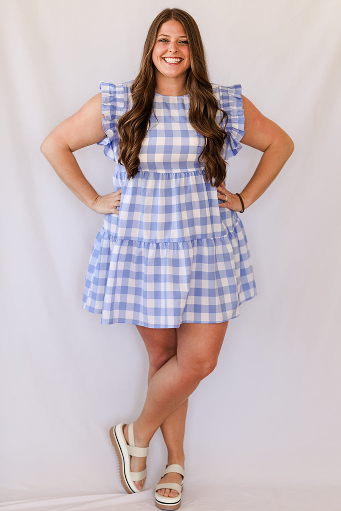 Blue gingham mini dress with ruffle sleeves from Favored And Common in NC