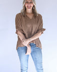 Brown linen, front tassel tie blouse from Favored And Common