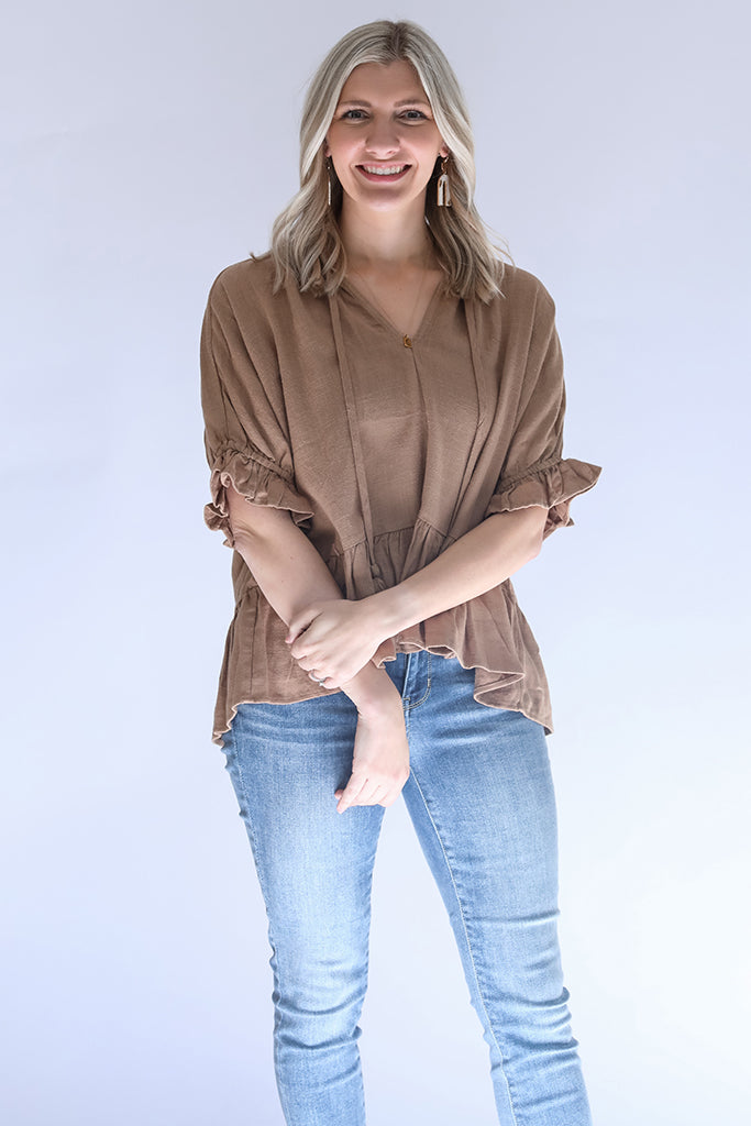 Brown linen, front tassel tie blouse from Favored And Common