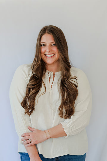 Solid cream linen blouse with 3 quarter sleeves from Favored and Common