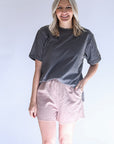 Mauve fringed shorts with draw string from Favored and Common