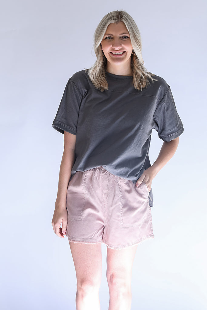 Mauve fringed shorts with draw string from Favored and Common