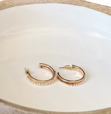 Gold pearl studded hoop earrings for women from Favored And Common in NC