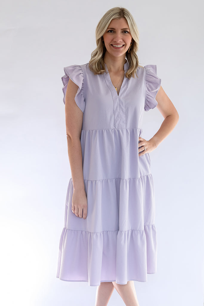 Lavender Ruffle sleeve dress from Favored And Common