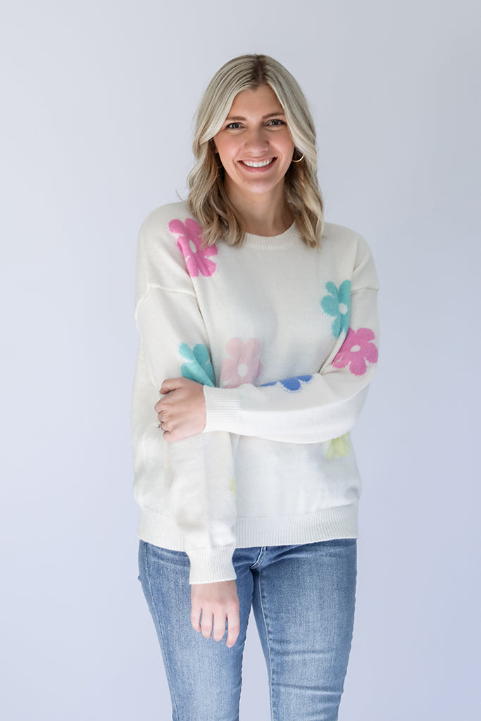 Light weight knit daisy print sweater for women from Favored And Common in NC