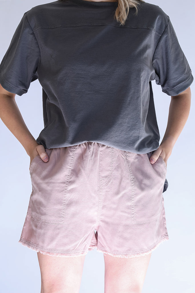 Mauve shorts with raw edge hem for women from Favored and Common