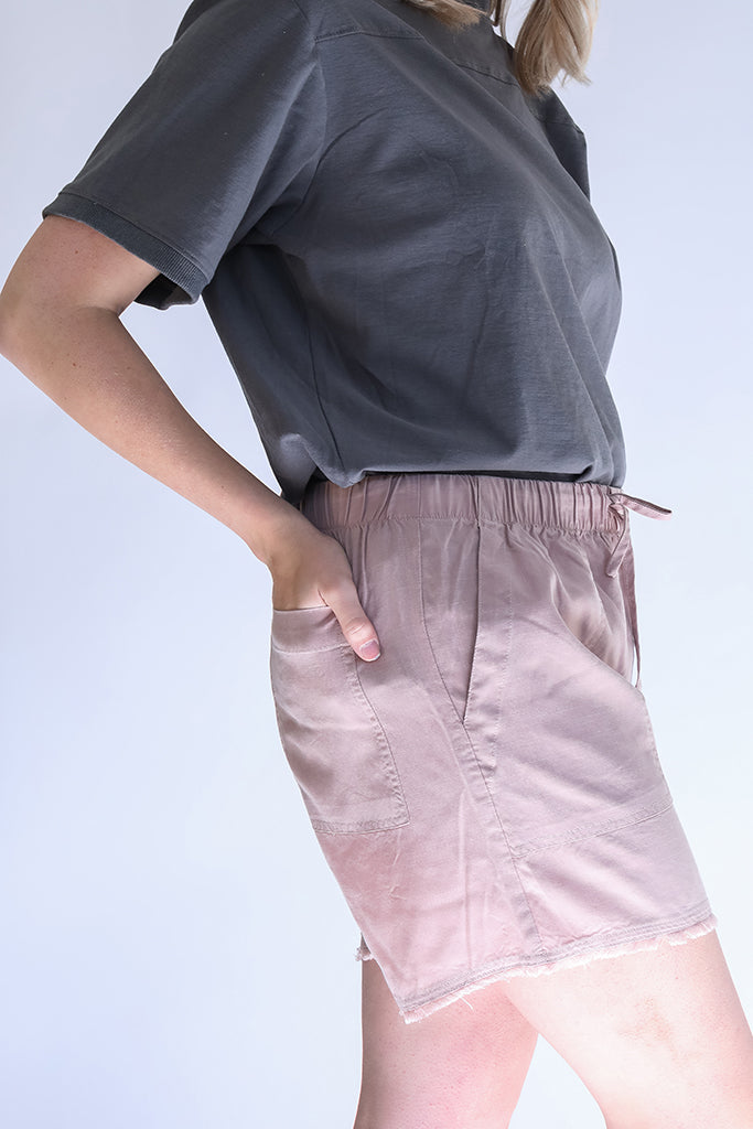 Mauve elastic waist shorts with pockets from Favored and Common