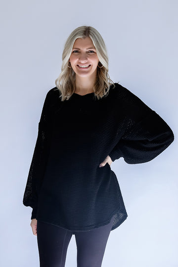 Black waffle knit sweater for women from Favored And Commons Boutique.