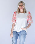 Pink and white ribbed 3D floral blouse from Favored And Common