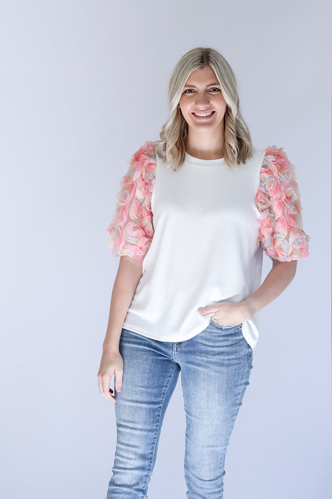 Pink and white ribbed 3D floral blouse from Favored And Common