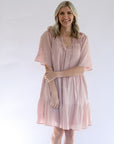 Pink textured shirring ruffle yoke mini dress from Favored And Common