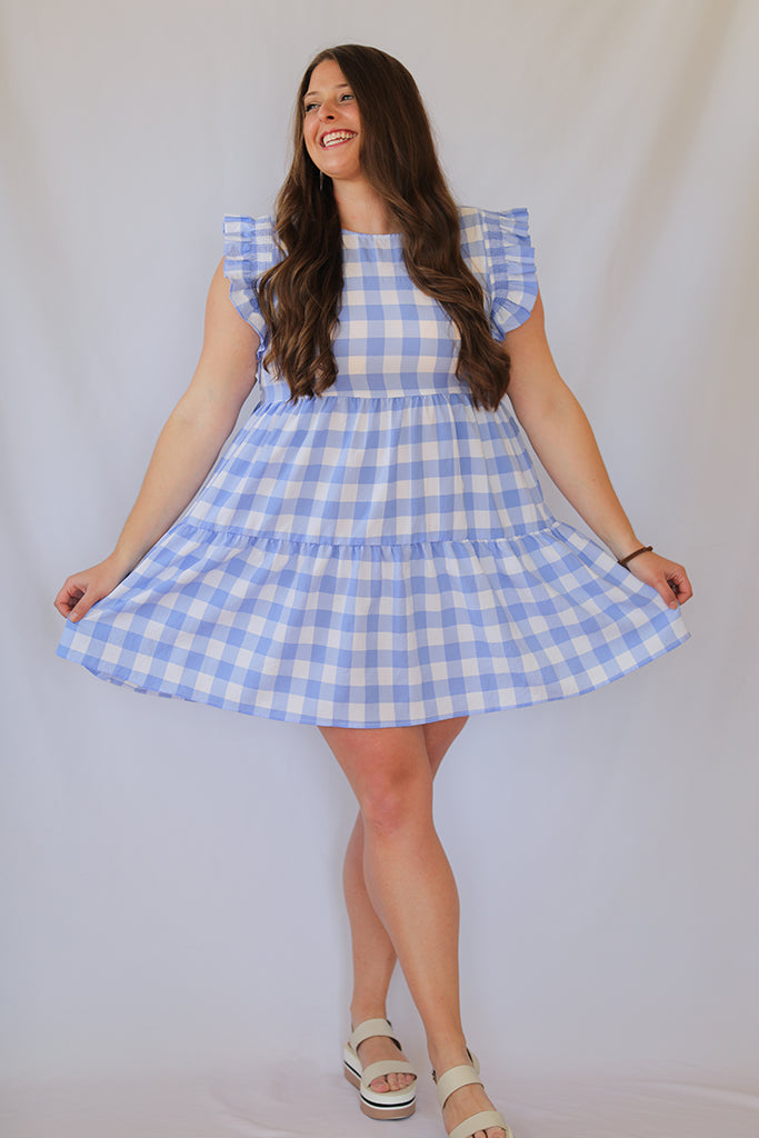 Blue gingham sun dress outfit for women from Favored And Common in NC