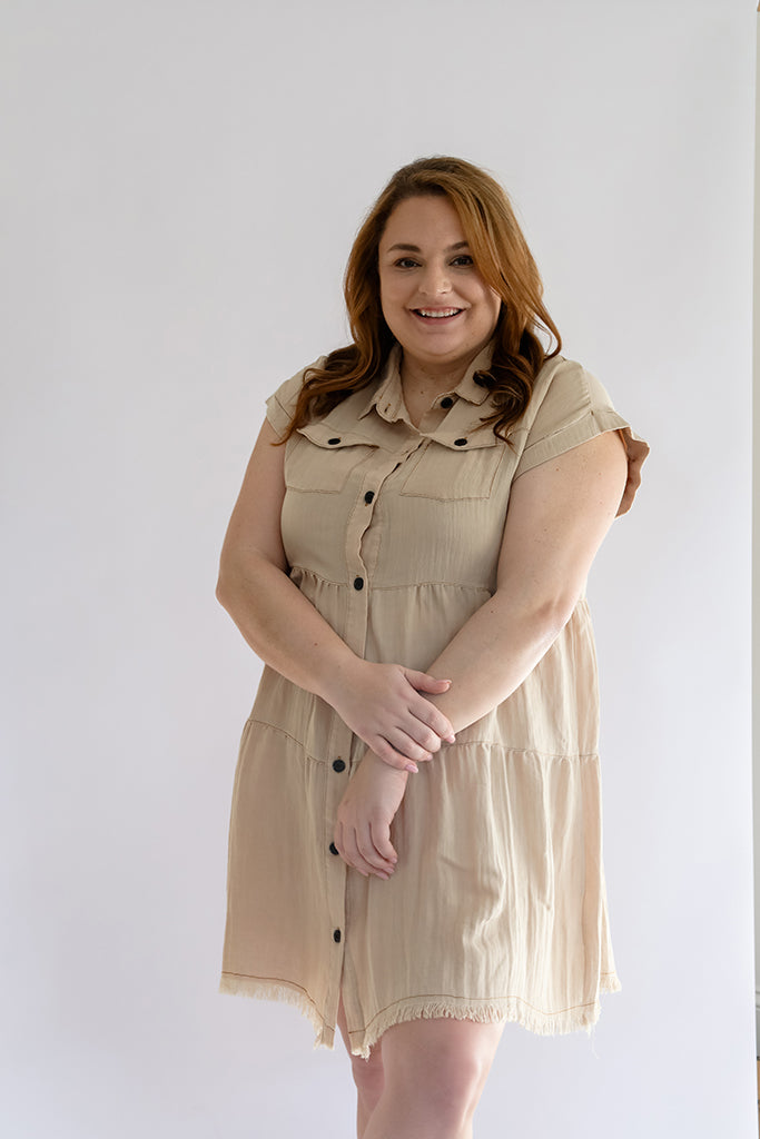 Tan button up mini dress from Favored And Common