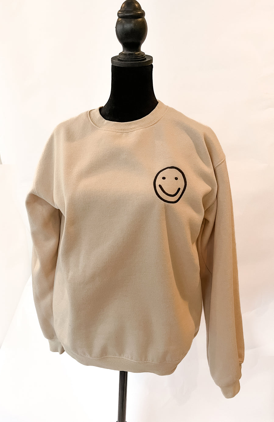 Taupe embroidered smiley face crew neck sweatshirt for women from Favored And Common