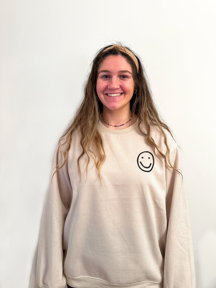 Taupe smiley face crew neck for women from Favored And Common in NC