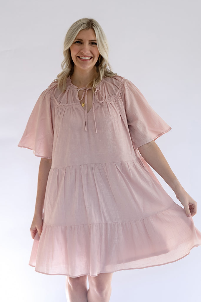 Pink flowy short sleeve mini dress from Favored And Common